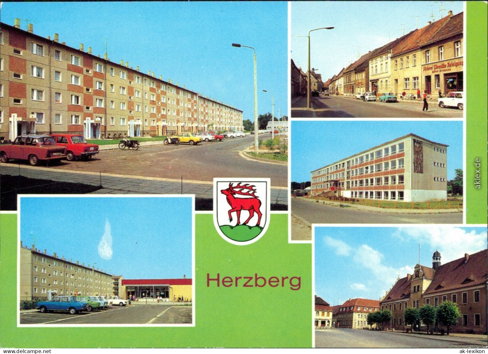 Herzberg (Elster) Wilhelm-Pieck-Ring, Kaufhalle, Ernst-Thälmann-Str, Oberschule, Rathaus 1984 - Herzberg