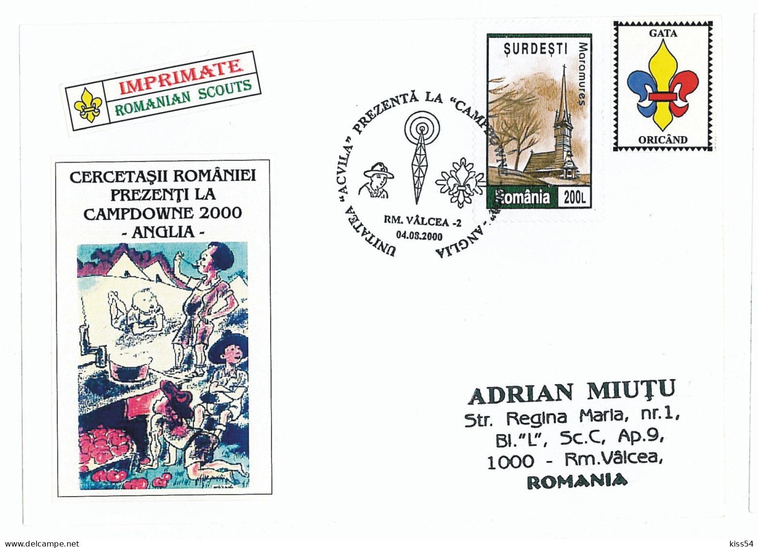 SC 14 - 1044 ROMANIA, Scout - Cover - 2000 - Briefe U. Dokumente