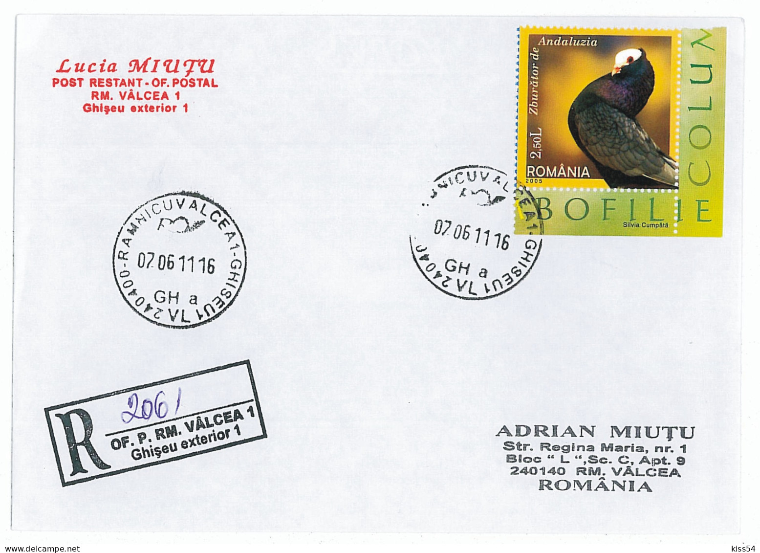 NCP 38 - 2061-a DOVE, Romania - Registered - 2011 - Pigeons & Columbiformes