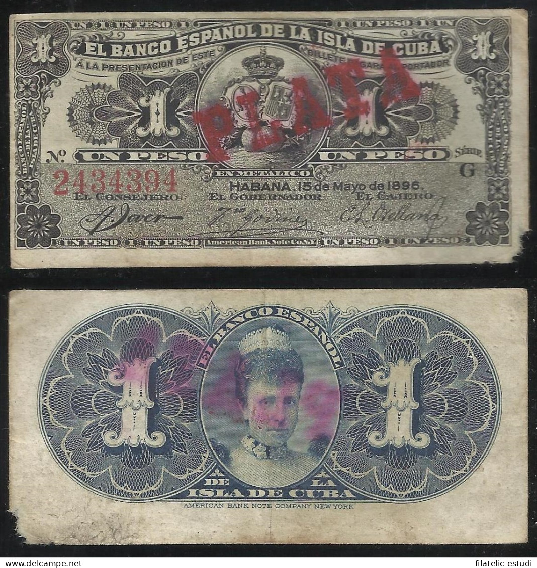 Billete De Cuba Banco De España  1 Peso 1896  BC - Cuba