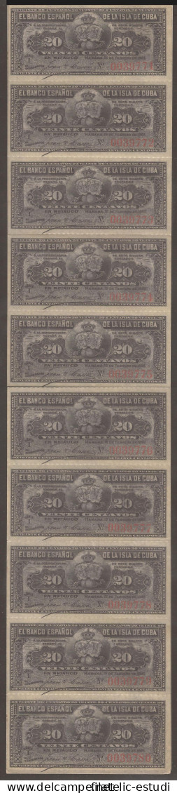 Billete De Cuba Banco De España 20 Centavos 1897  SC En Bloque De 10 Sin Corta - Kuba