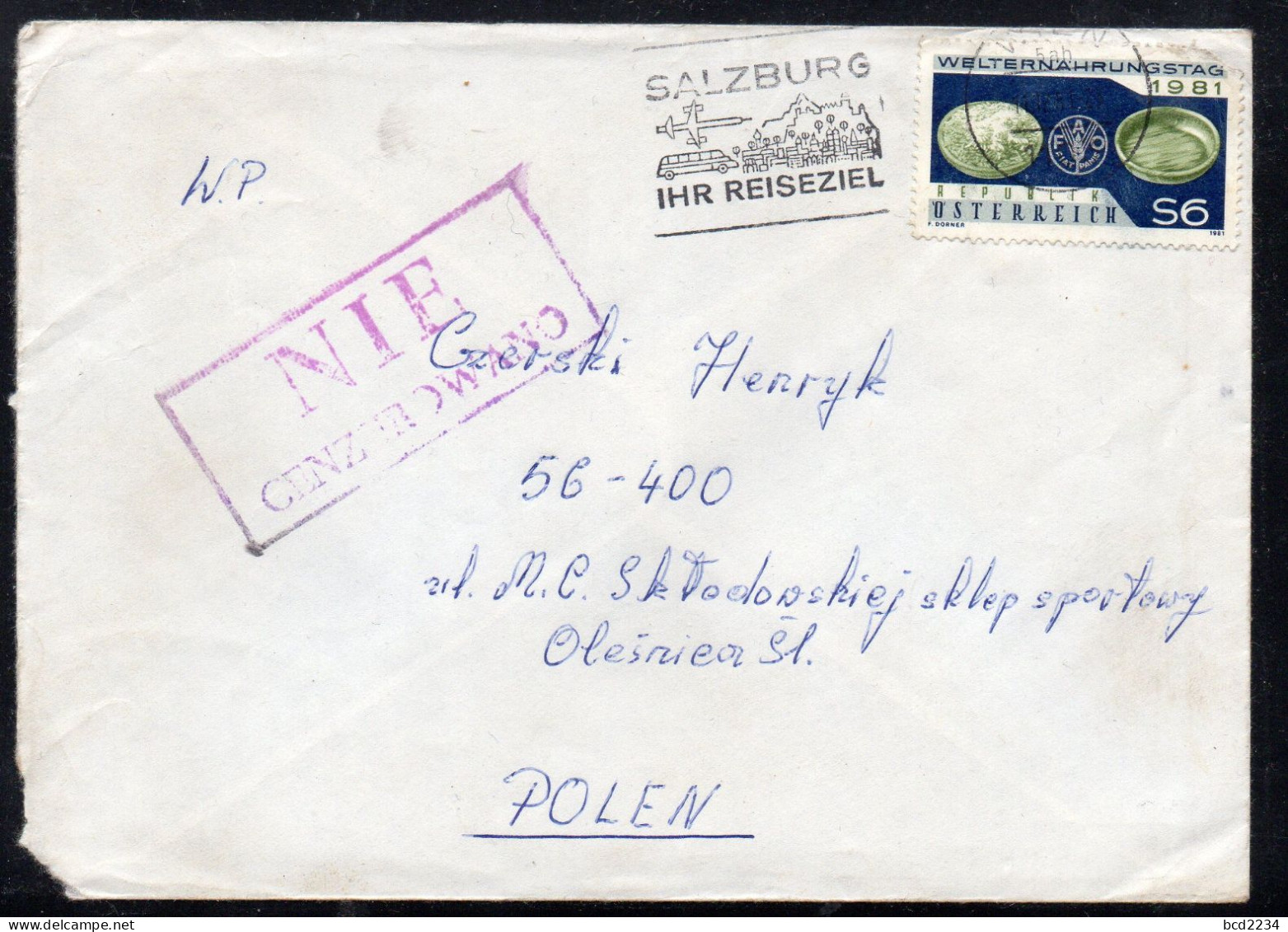POLAND 1981 SOLIDARITY SOLIDARNOSC PERIOD MARTIAL LAW NIE CENZUROWANO NOT CENSORED MAUVE CACHET AUSTRIA TO OLESNICA - Cartas & Documentos