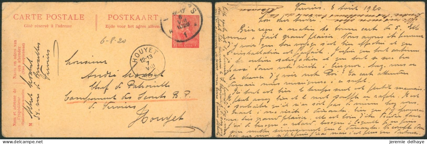 EP Au Type 10ctm Rouge Roi Casqué Expédié De Verviers (1920) > Campement Des Scouts B.P. à Houyet (Verviers) / Pli - Cartes Postales 1909-1934