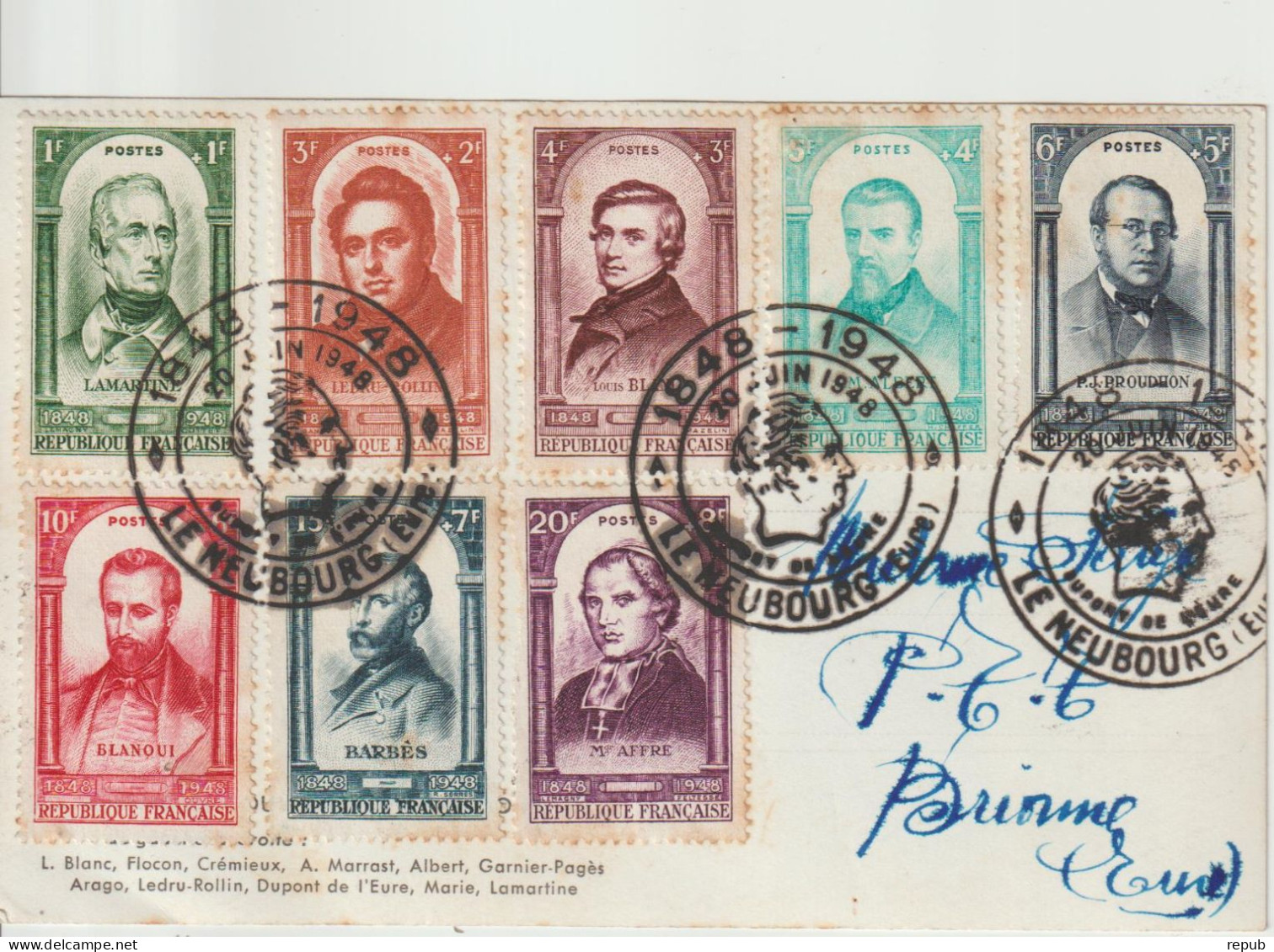 France 1948 Dupont De L'Eure, Le Neubourg (27) Sur Carte Membres Du Gouvernement Provisoire De 1848 - Bolli Commemorativi