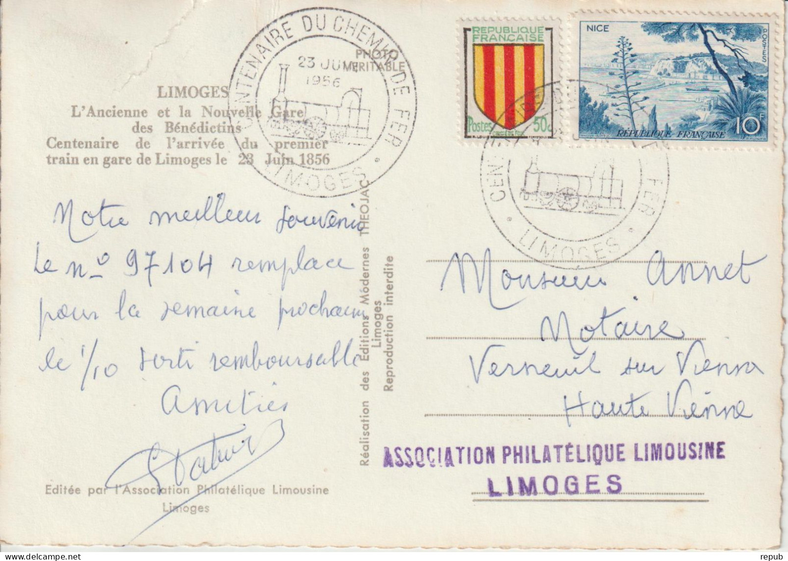 France 1956 Centenaire Du Chemin De Fer Limoges Sur CPA Gare - Matasellos Conmemorativos