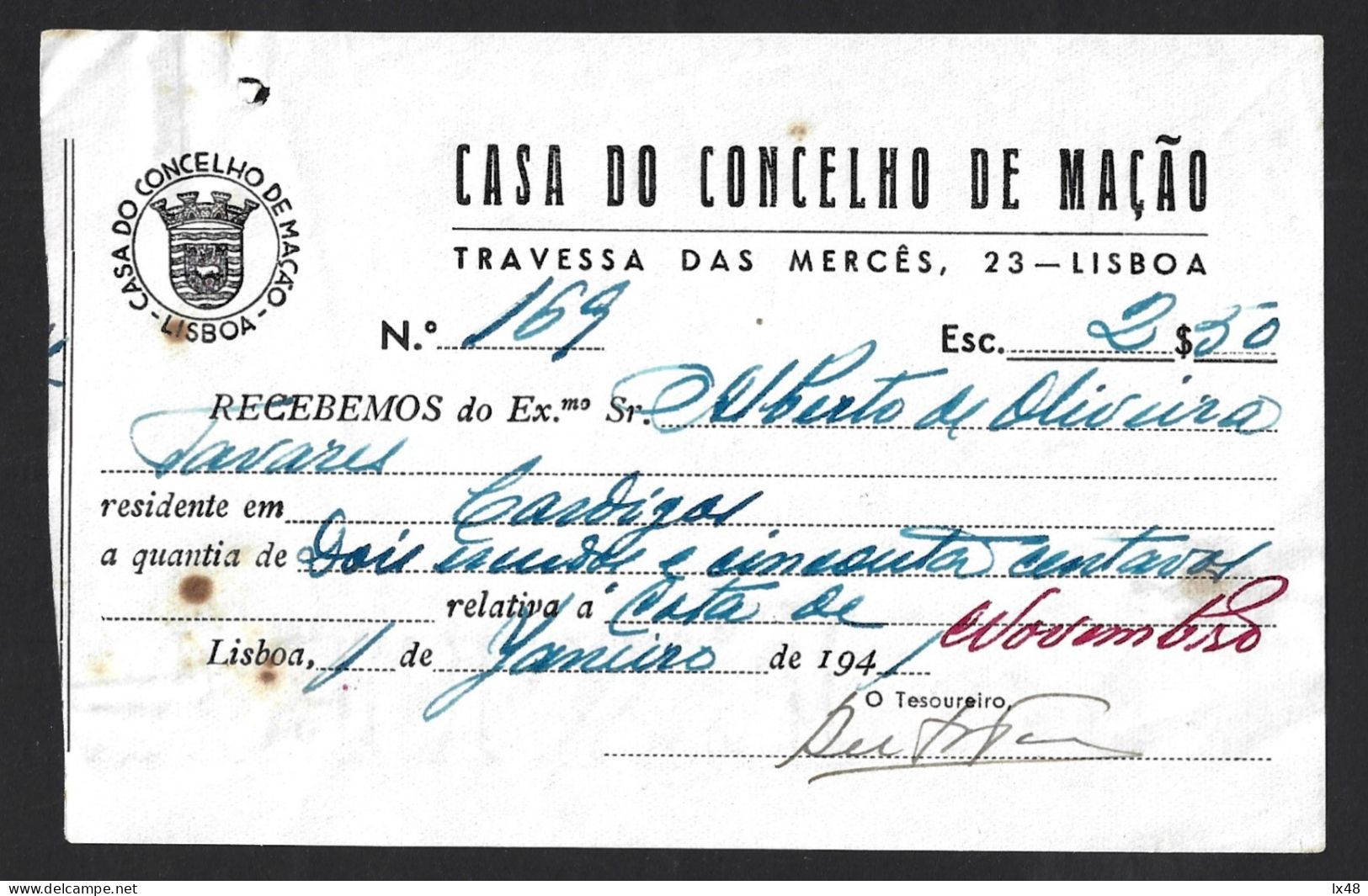 Recibo De Quota De Novembro De 1941 Da Casa Em Lisboa Do Concelho De Mação. Quota Receipt The House Lisbon The Mação. - Portugal