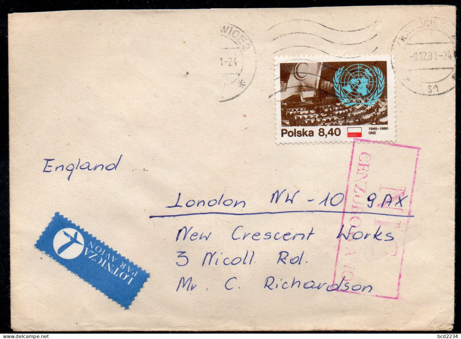 POLAND 1981 SOLIDARITY SOLIDARNOSC PERIOD MARTIAL LAW NIE CENZUROWANO NOT CENSORED MAUVE CACHET KATOWICE TO LONDON - Storia Postale