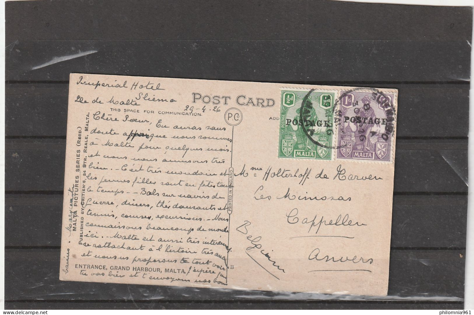 Malta POSTCARD To Belgium 1926 - Malte