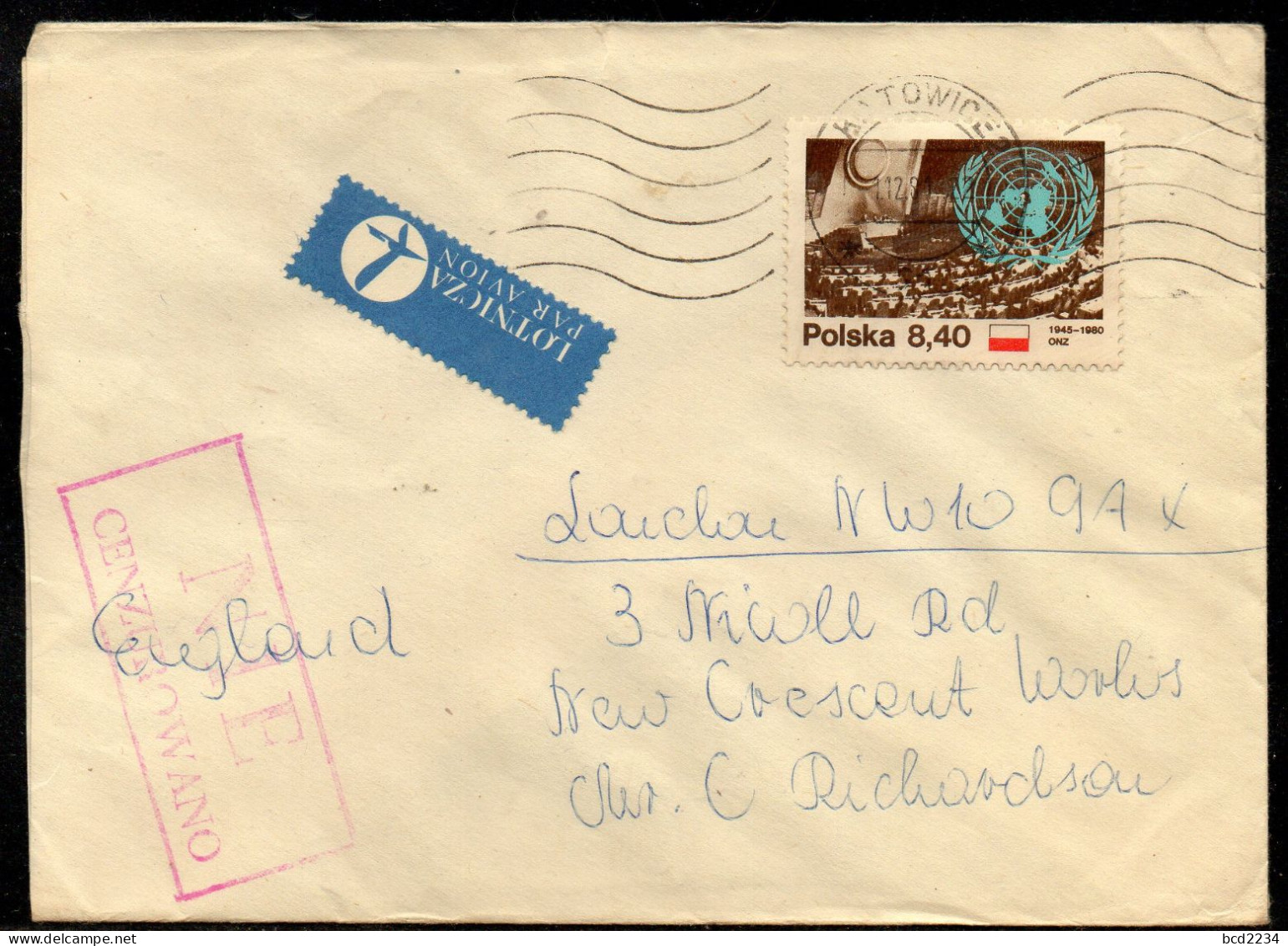 POLAND 1981 SOLIDARITY SOLIDARNOSC PERIOD MARTIAL LAW NIE CENZUROWANO NOT CENSORED MAUVE CACHET KATOWICE TO LONDON - Storia Postale