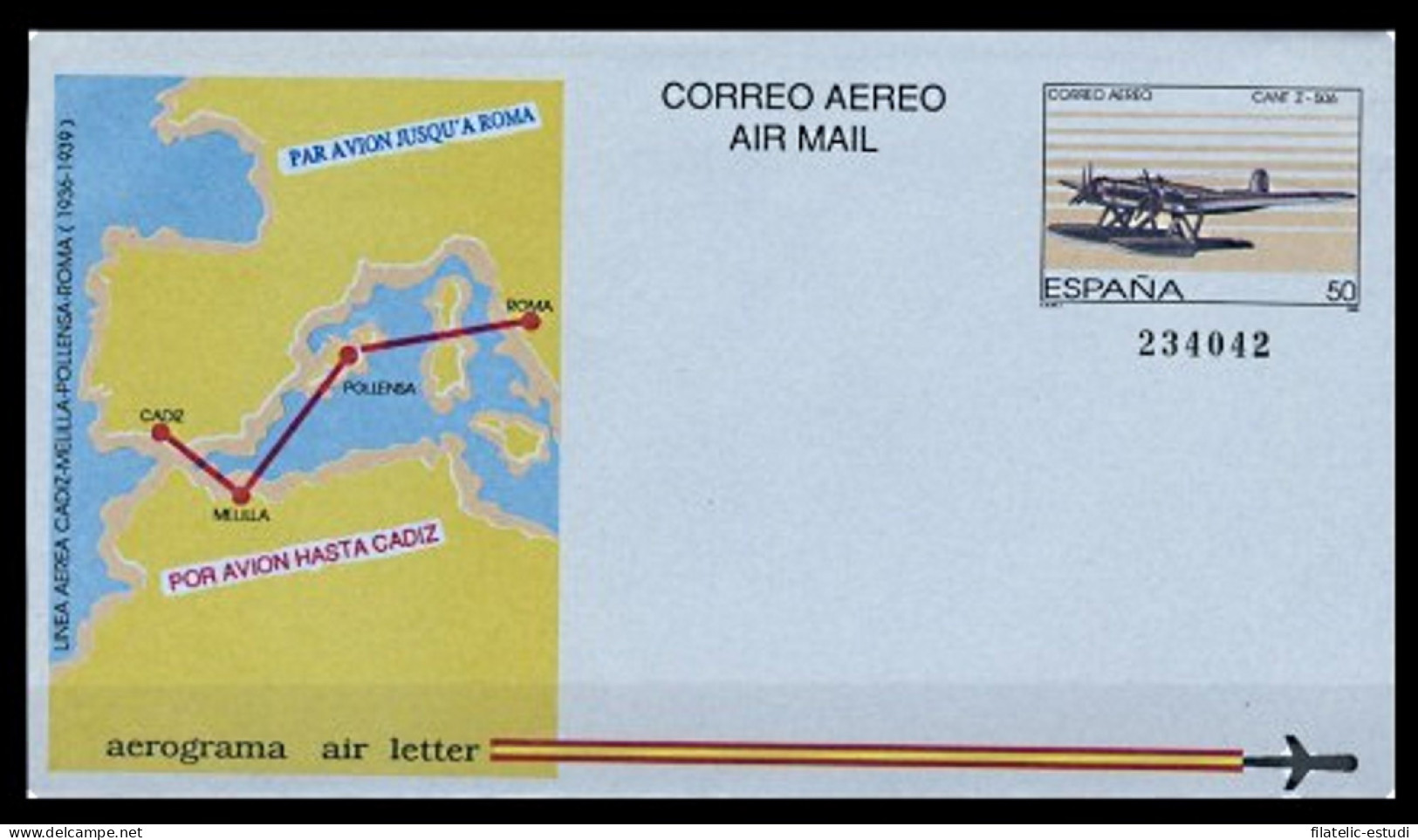 España Aerograma 214 1989 Línea Aérea Cadiz Melilla Polinesia Roma Avión Plane - Luchtpostbladen