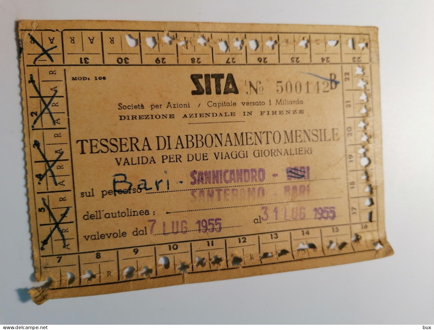 1955 SITA SANNICANDRO SANTERAMO BARI FILOBUS TESSERA MENSILE CON FOTO AUTOBUS CORRIERA TORPEDONE - Europa