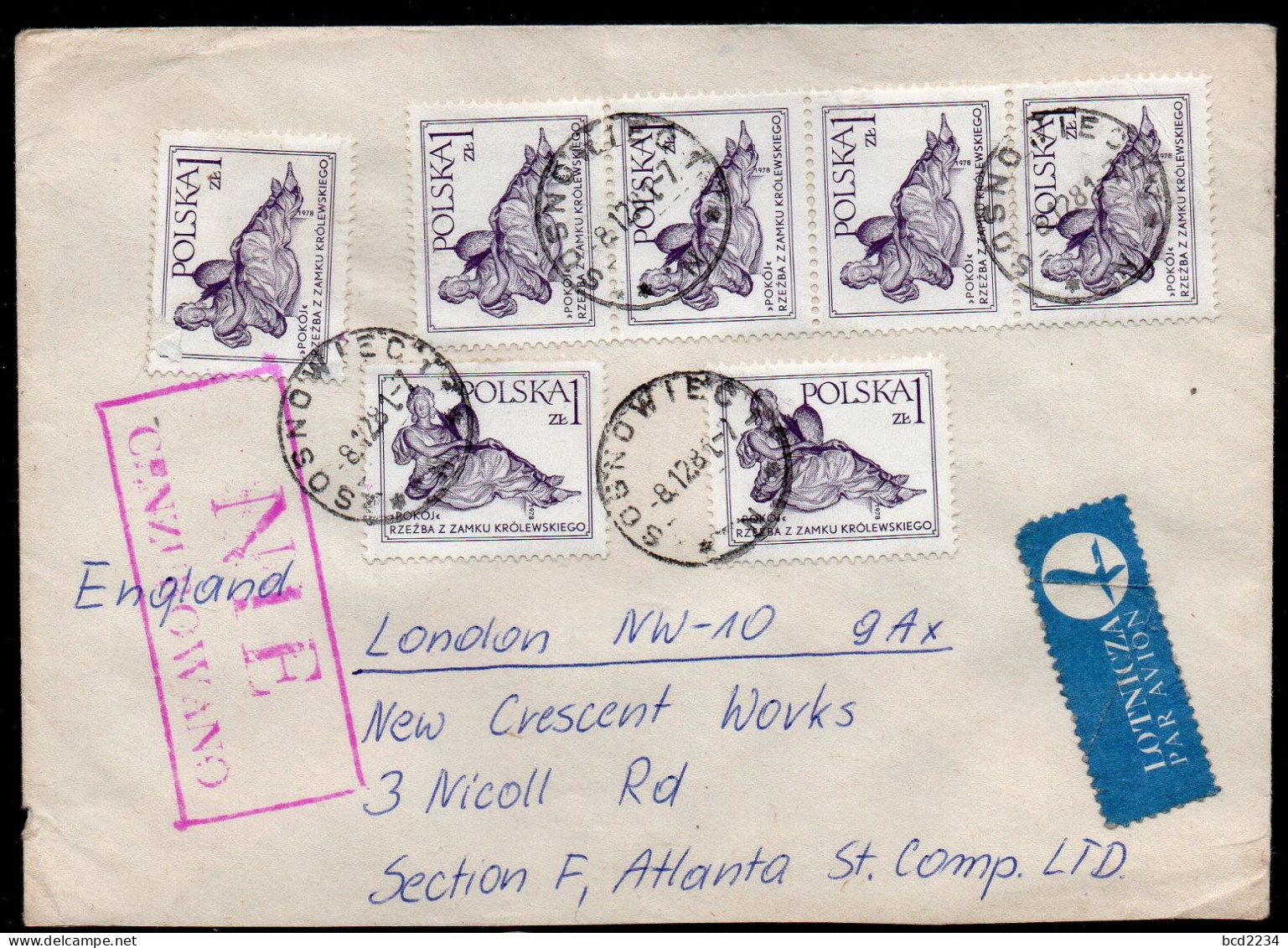 POLAND 1981 SOLIDARITY SOLIDARNOSC PERIOD MARTIAL LAW NIE CENZUROWANO NOT CENSORED MAUVE CACHET SOSNOWIEC TO LONDON - Storia Postale