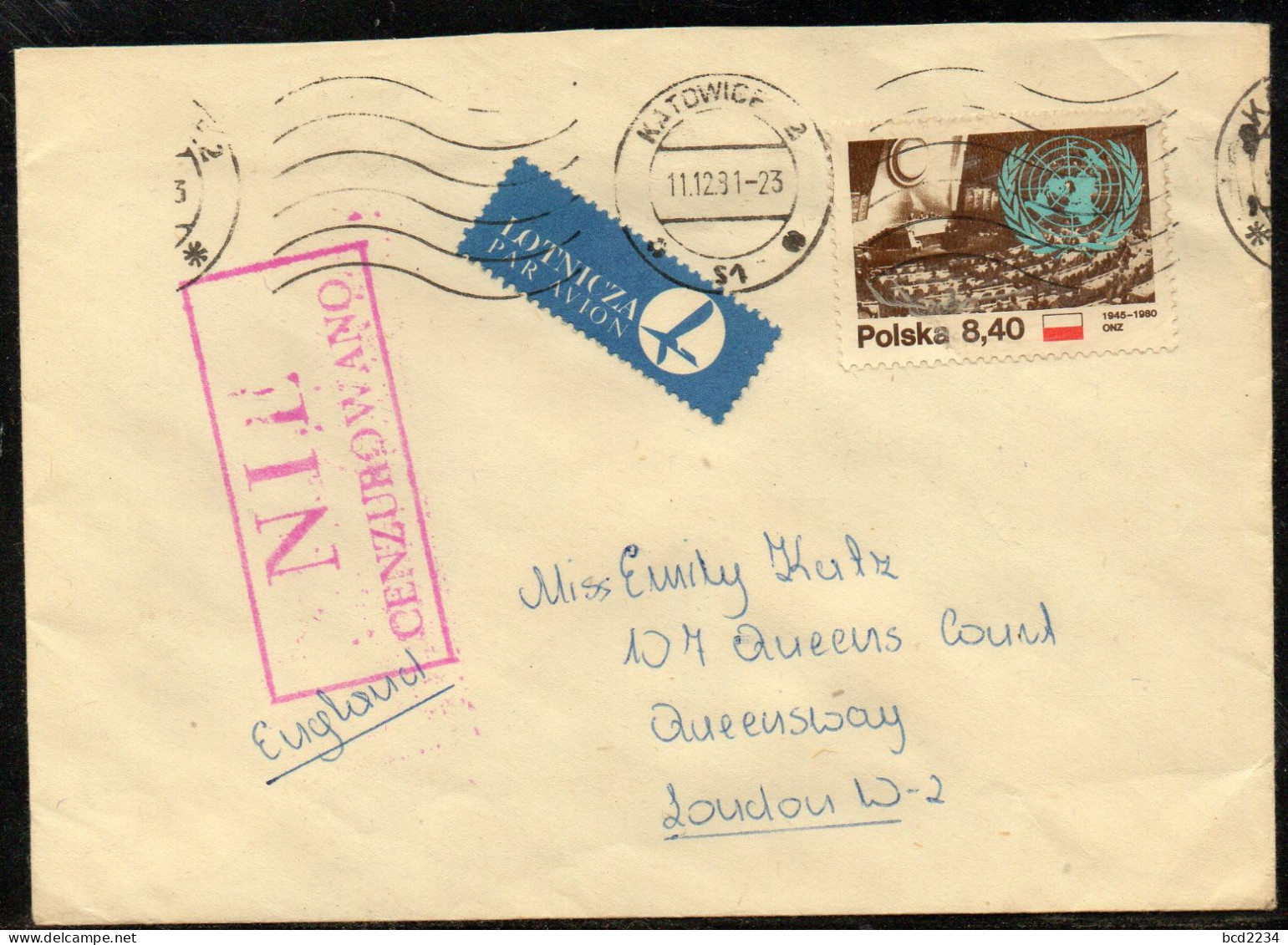 POLAND 1981 SOLIDARITY SOLIDARNOSC PERIOD MARTIAL LAW NIE CENZUROWANO NOT CENSORED MAUVE CACHET KATOWICE TO LONDON - Storia Postale