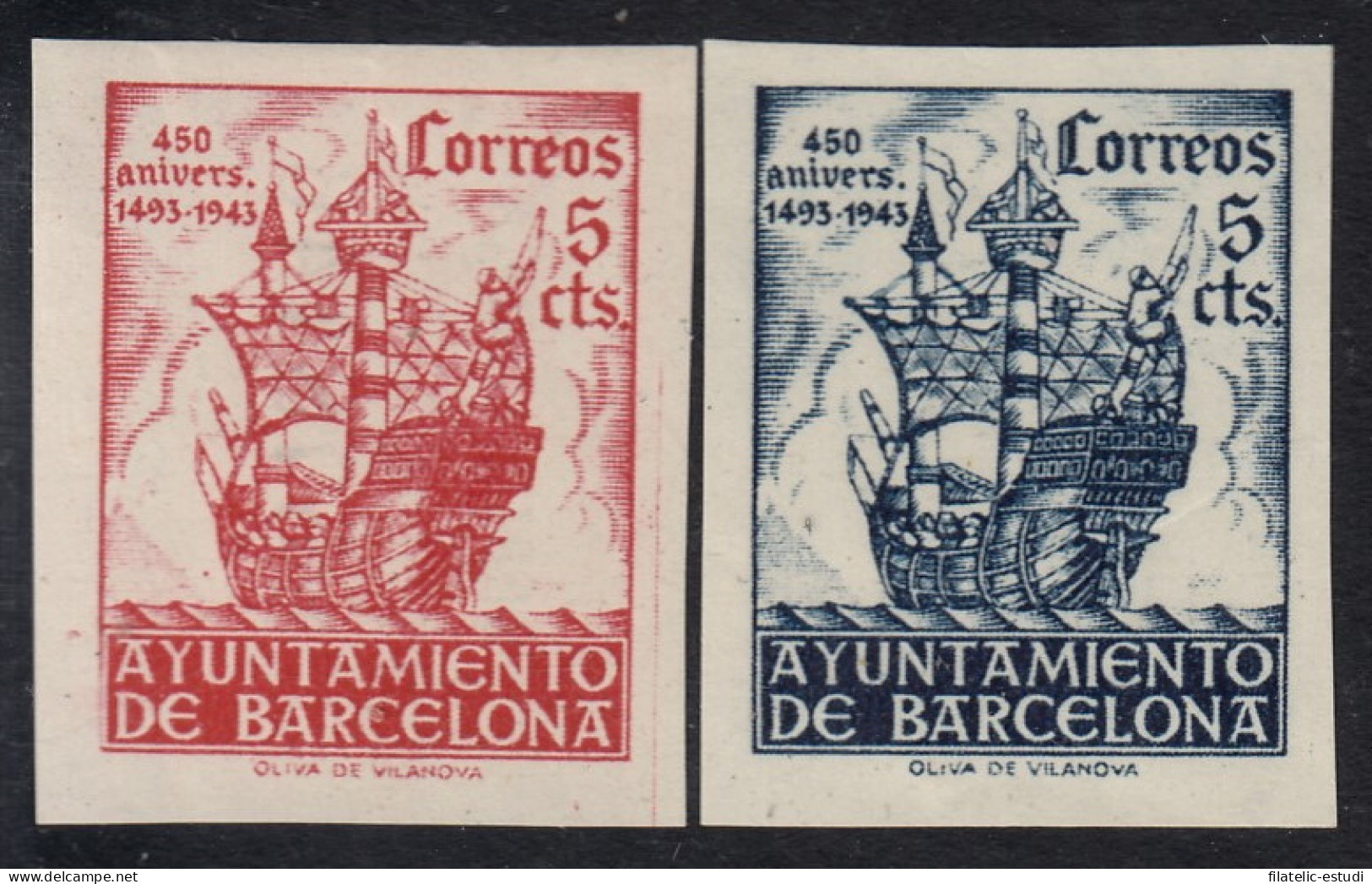 Barcelona 49/50s 1943 450 Aniversario Llegada De Colón Barco Boat MNH - Barcellona