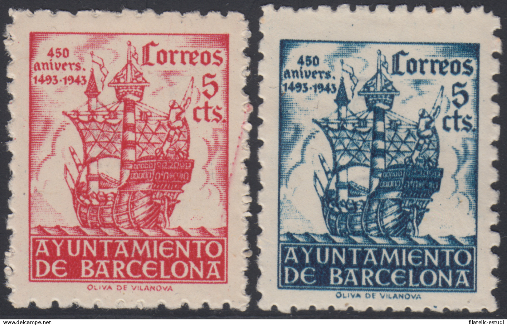 Barcelona 49/50 1943 450 Aniversario  Llegada De Colón Barco Boat MNH - Barcelone