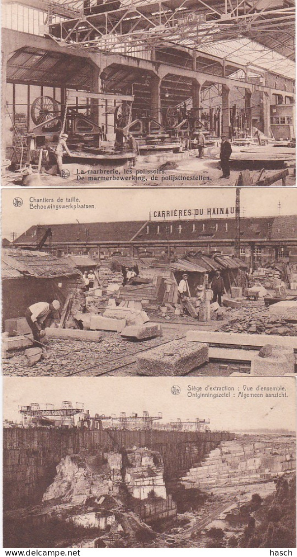 2810	105	Carrieres Du Hainaut, Vue D’ensemble – Chantiers De Taille – La Marbrerie, Les Polissoirs (3 Cartes) - Soignies