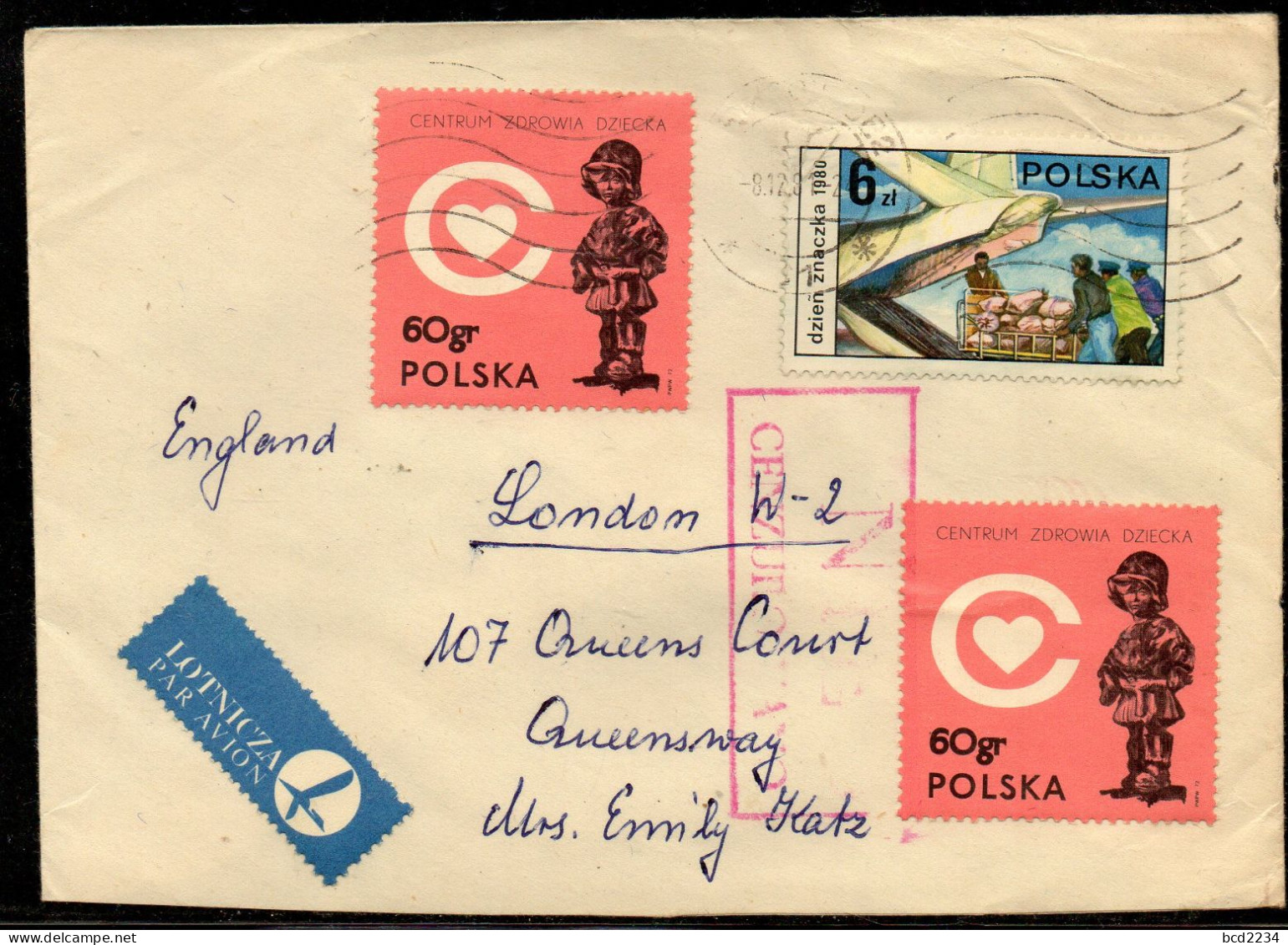 POLAND 1981 SOLIDARITY SOLIDARNOSC PERIOD MARTIAL LAW NIE CENZUROWANO NOT CENSORED MAUVE CACHET TO LONDON - Lettres & Documents