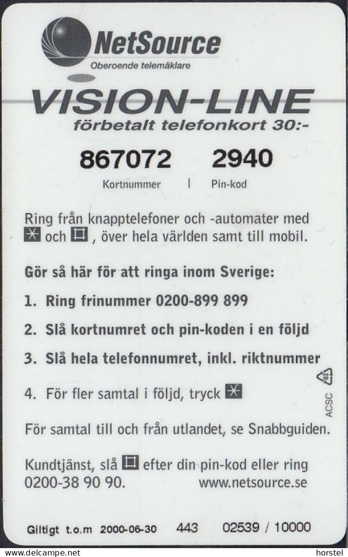 Schweden Prepaid - NetSource Vision Line - World - Värde 30:- - Schweden