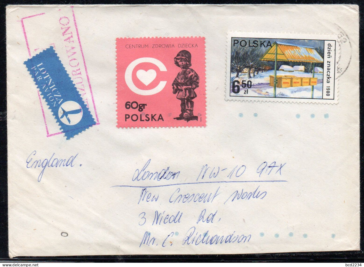 POLAND 198? SOLIDARITY SOLIDARNOSC PERIOD MARTIAL LAW NIE CENZUROWANO NOT CENSORED MAUVE CACHET TO LONDON - Lettres & Documents