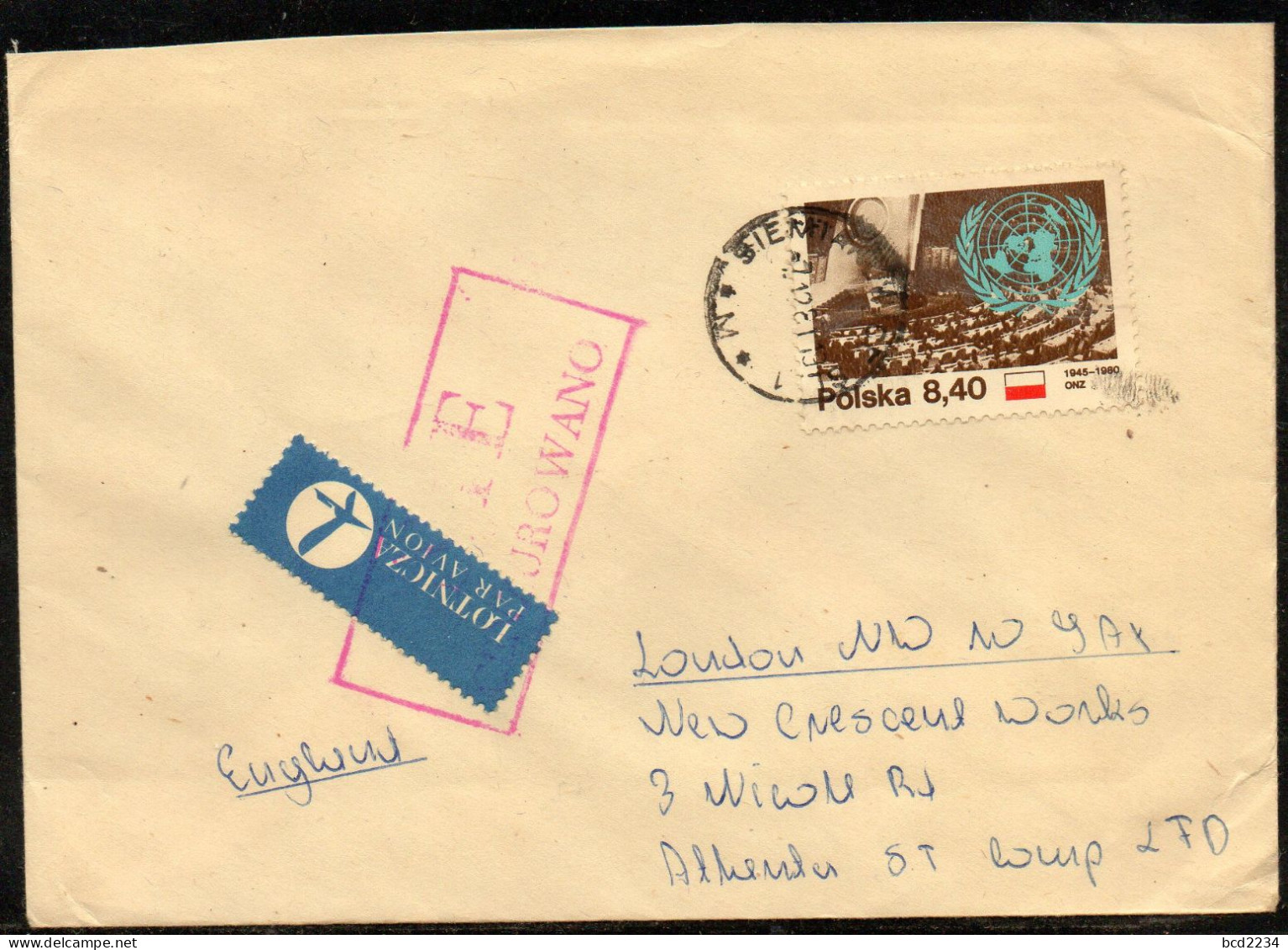 POLAND 1981 SOLIDARITY SOLIDARNOSC PERIOD MARTIAL LAW NIE CENZUROWANO NOT CENSORED MAUVE CACHET SIEMIANOWICE TO LONDON - Storia Postale