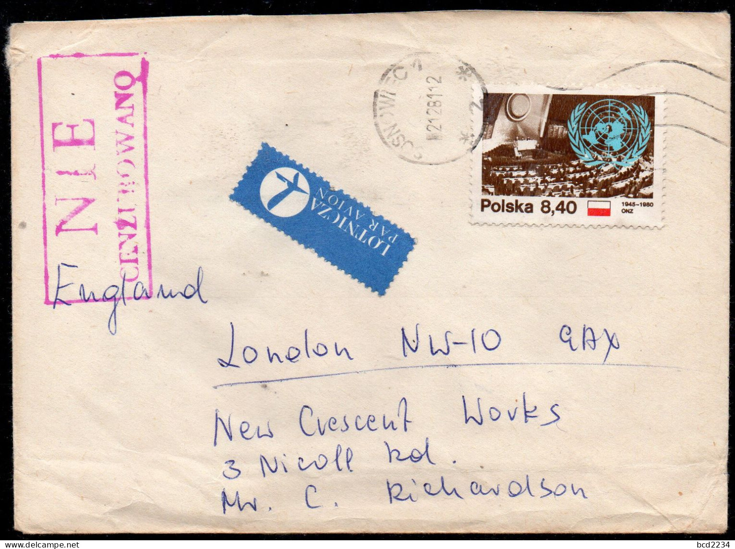 POLAND 1981 SOLIDARITY SOLIDARNOSC PERIOD MARTIAL LAW NIE CENZUROWANO NOT CENSORED MAUVE CACHET SOSNOWIEC TO LONDON - Storia Postale