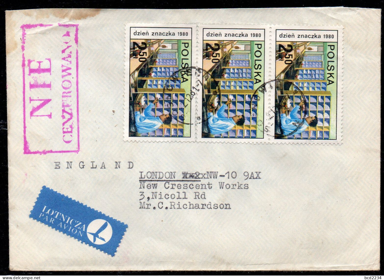 POLAND 1981 SOLIDARITY SOLIDARNOSC PERIOD MARTIAL LAW NIE CENZUROWANO NOT CENSORED MAUVE CACHET SOSNOWIEC TO LONDON - Storia Postale