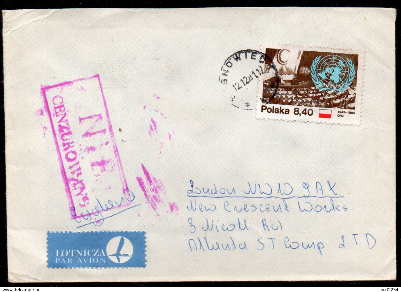 POLAND 1981 SOLIDARITY SOLIDARNOSC PERIOD MARTIAL LAW NIE CENZUROWANO NOT CENSORED MAUVE CACHET SOSNOWIEC TO LONDON - Storia Postale