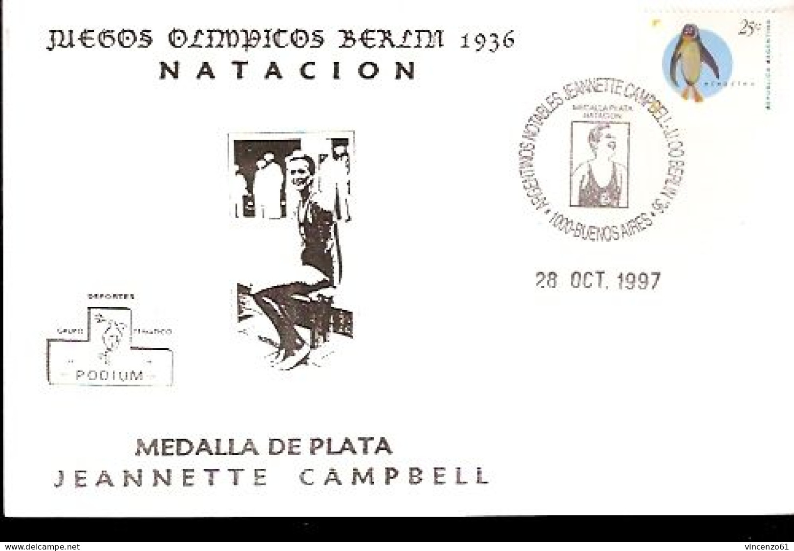 CARTOLINA CON ANNULLO COMMEMORATIVO DELLA REPUBBLICA ARGENTINA SULLA MEDAGLIA DI JEANNETTE CAMPBEL BERLINO 1936 - Schwimmen