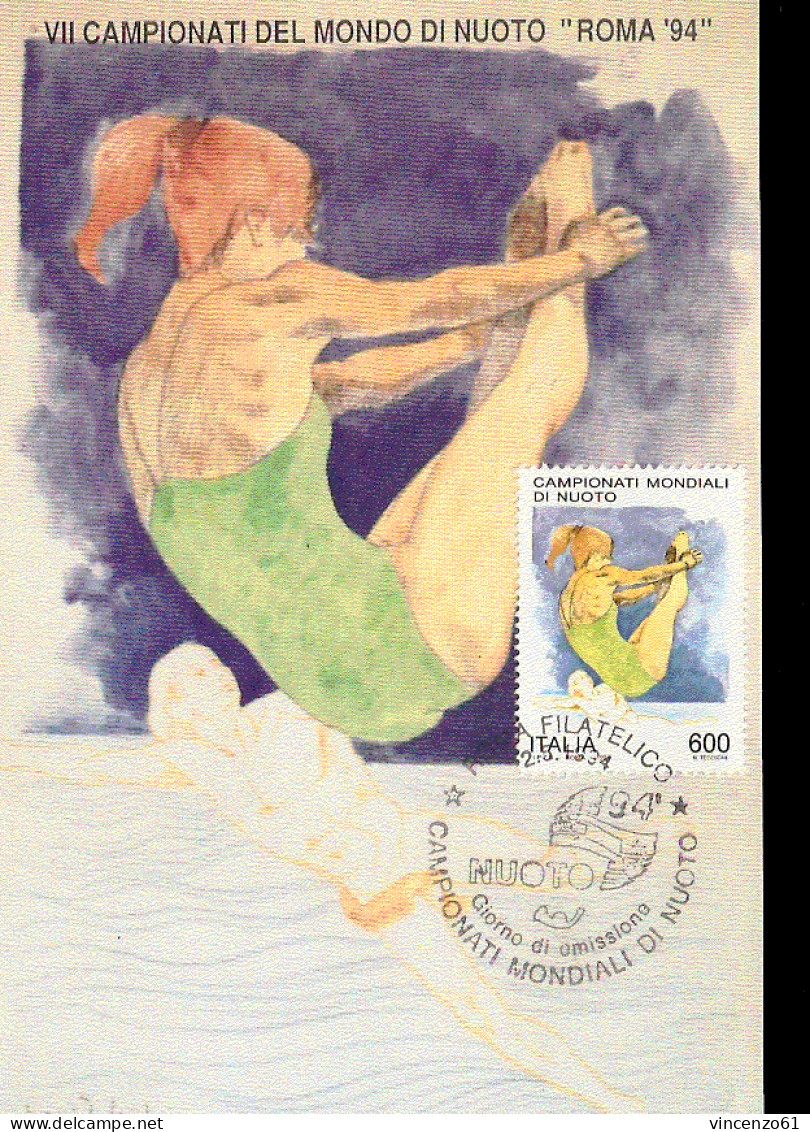 CARTOLINA CON ANNULLO "GIORNO DI EMISSIONE" CAMPIONATI MONDIALI DI NUOTO ROMA 1994 - Nuoto