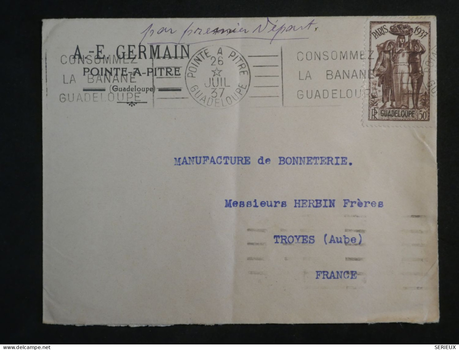 DK 16 GUADELOUPE   BELLE LETTRE PRIVEE 1937 POINTE A PITRE   A  TROYES   FRANCE + SURCHARGE+AFF. INTERESSANT+++ + - Storia Postale