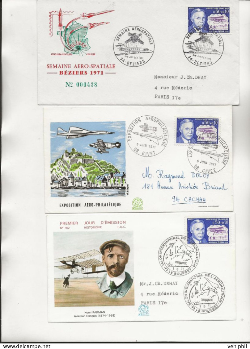 LOT DE 6 LETTRES OBLITERATIONS DIVERSES THEMATIQUE HENRI FARMAN -1971-72 - 1960-.... Brieven & Documenten