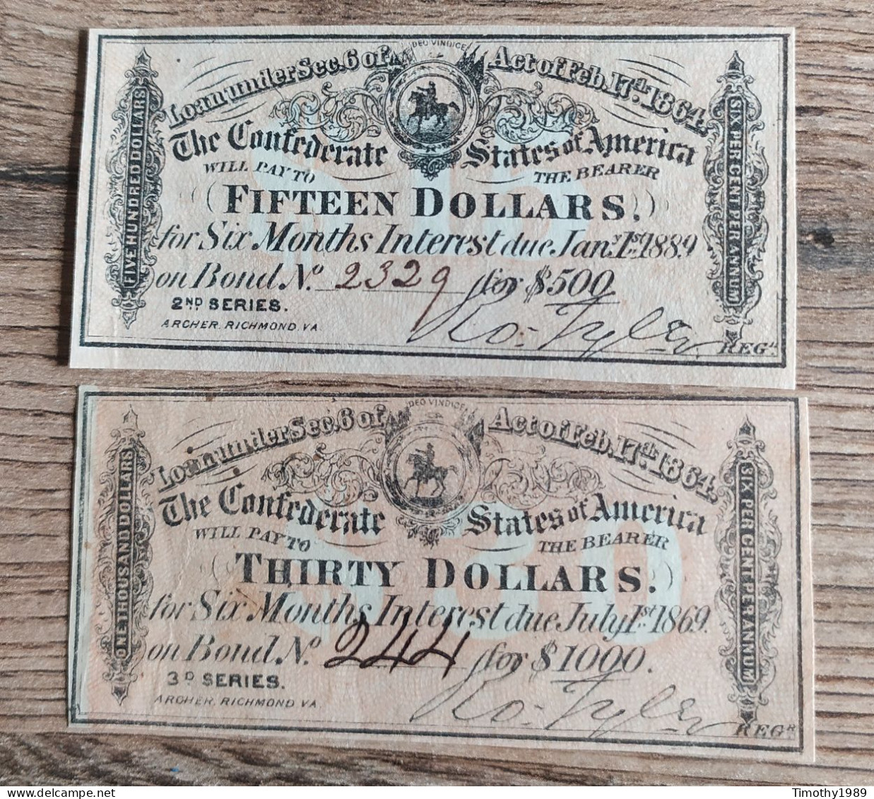 15 + 30 Dollars, The Confederate States Of America, Archer, Richmond. 1869-1889. XF-aUNC - Autres & Non Classés