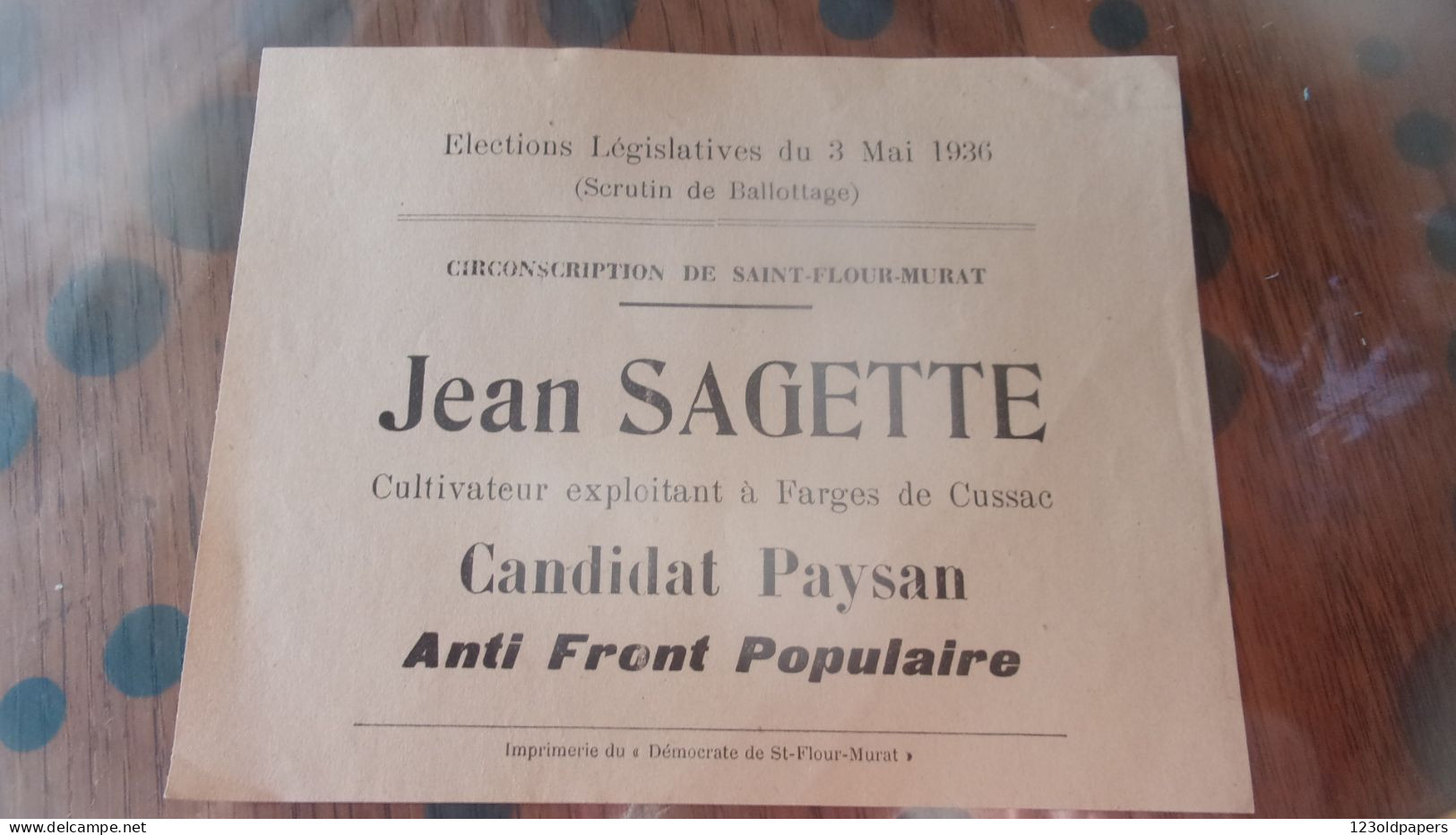 ELECTIONS LEGISLATIVES 1936 JEAN SAGETTE FARGES DE CUSSAC CULTIVATEUR CANDIDAT PAYSAN ANTI FRONT POPULAIRE - Historical Documents