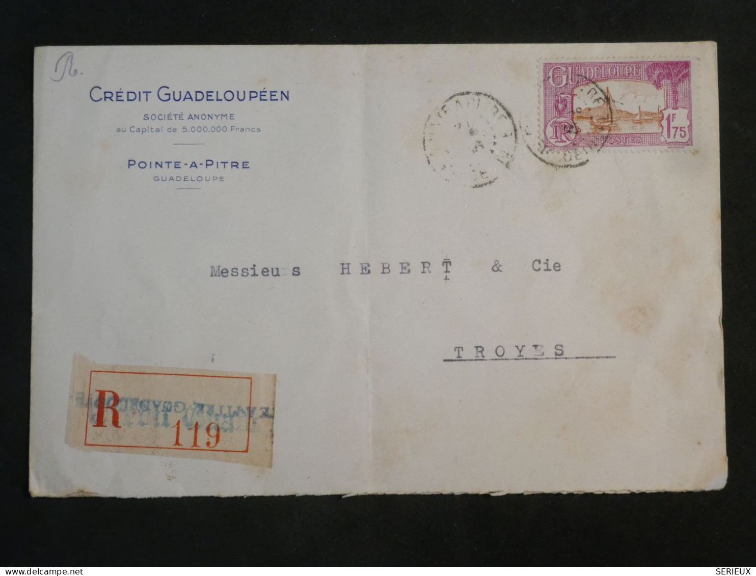 DK 16 GUADELOUPE  BELLE  LETTRE  RECO  1938 BANQUE POINTE A PITRE   A  TROYES   FRANCE + +AFF. INTERESSANT+++ + - Storia Postale