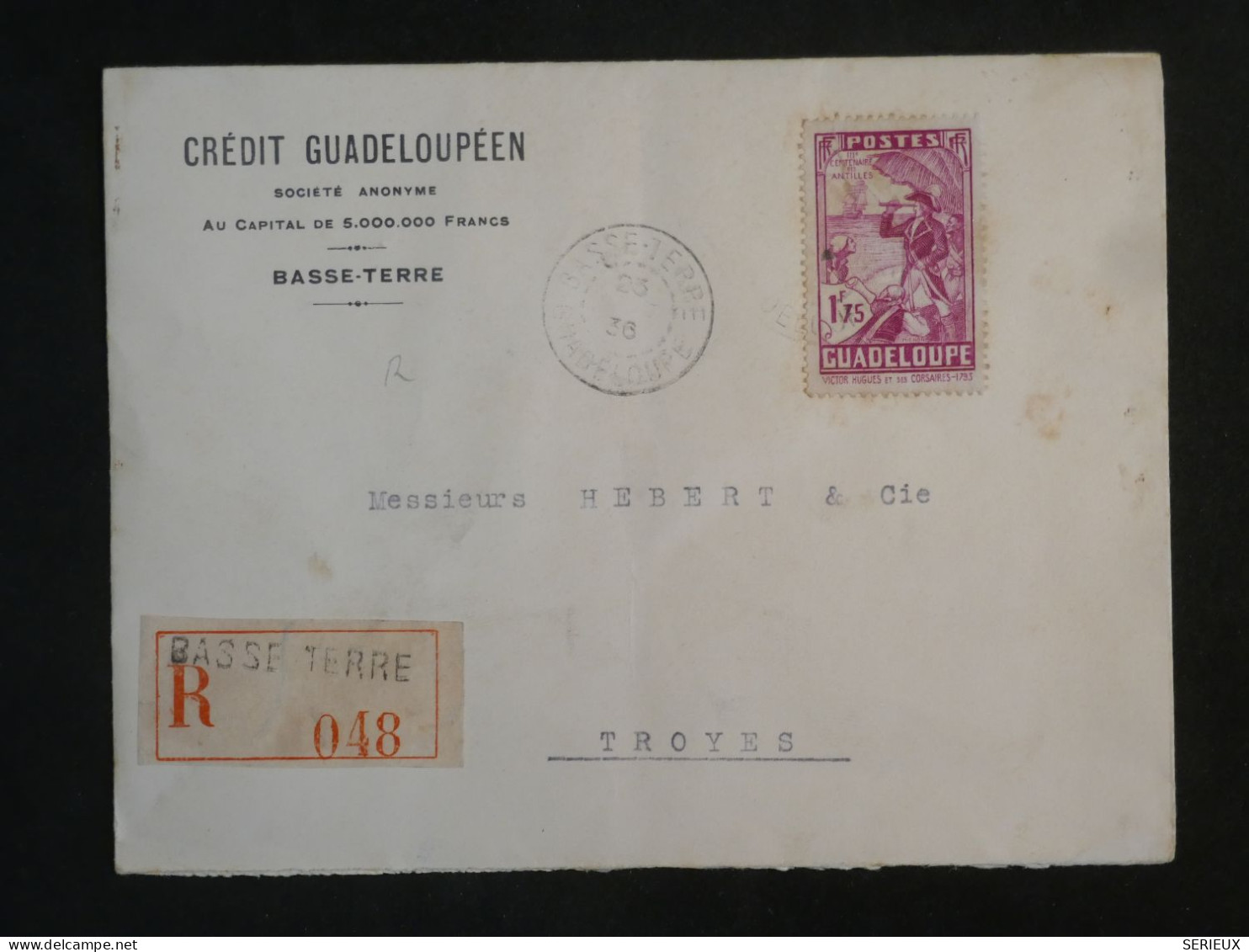 DK 16 GUADELOUPE  BELLE  LETTRE  RECO  1938 BASSE TERRE   A  TROYES   FRANCE + +AFF. INTERESSANT+++ + - Covers & Documents