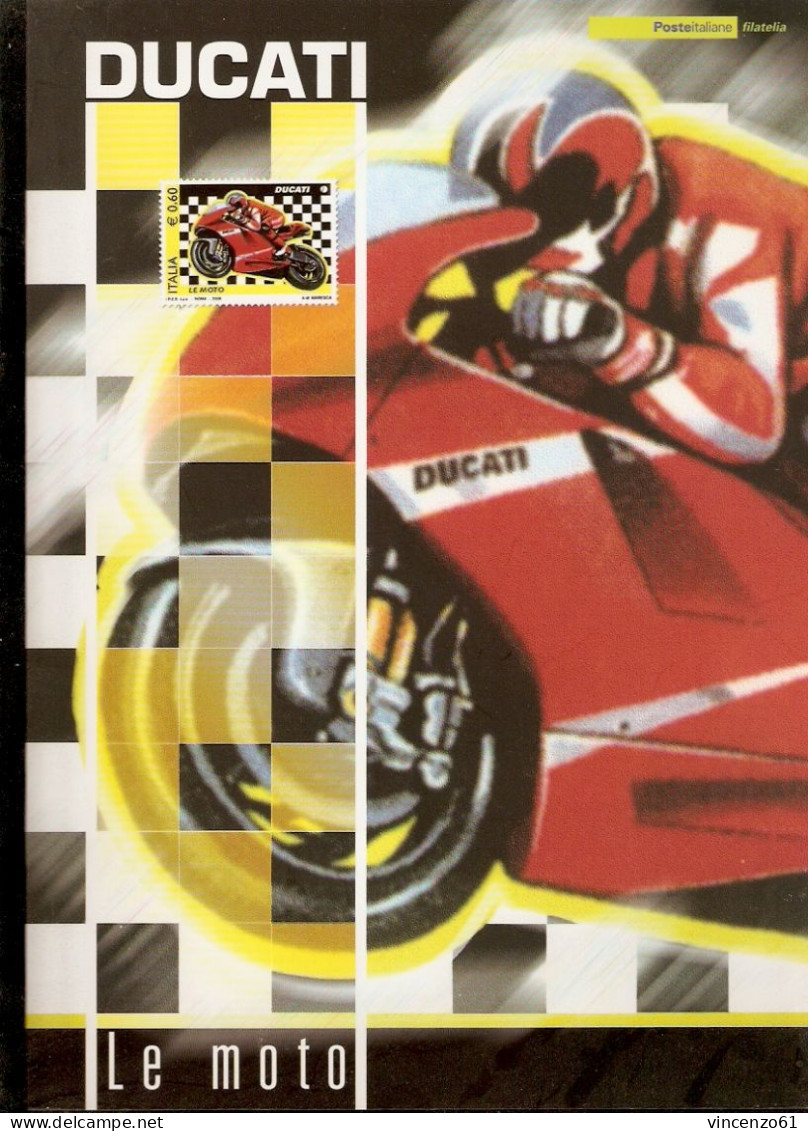 FOLDER DUCATI MOTO 2008 FRANCOBOLLO, TESSERA FILATELICA DUE CARTE MAXIMUM DI UI UNA CON FRANCOBOLLO IN LAMINA D'ORO - Moto