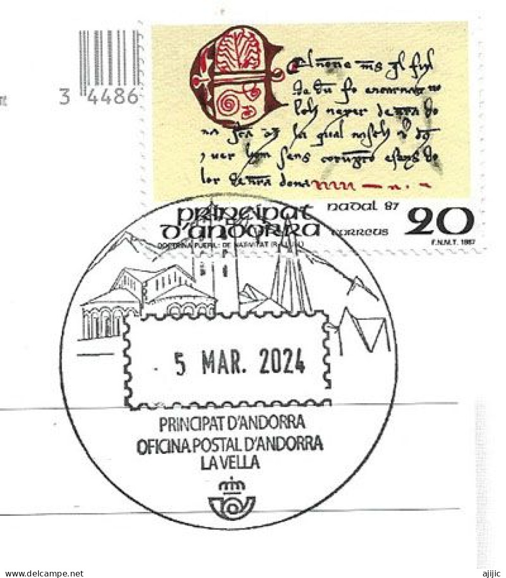 Sello "Fragmento De Un Manuscrito Del Siglo XIII" Sobre Postal Andorra (antiguo Logotipo De Radio Andorra - Otros & Sin Clasificación