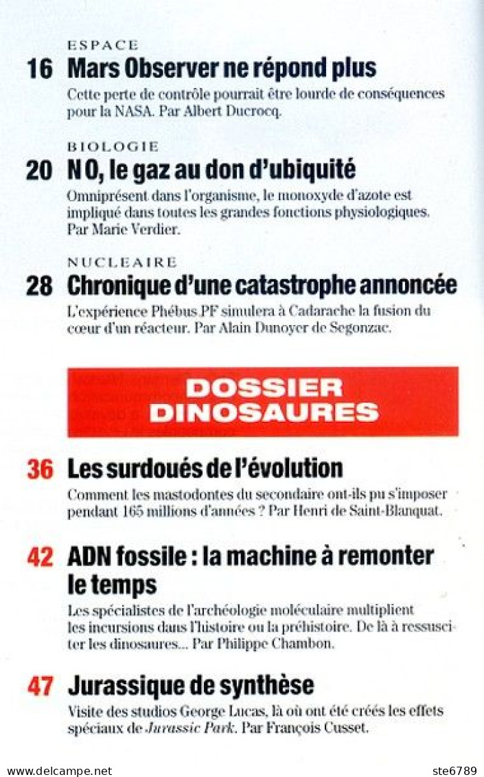 Sciences Et Avenir N° 560 Octobre 1993 Dossier Dinosaures , NASA , NO Molécule Mémoire - Wissenschaft