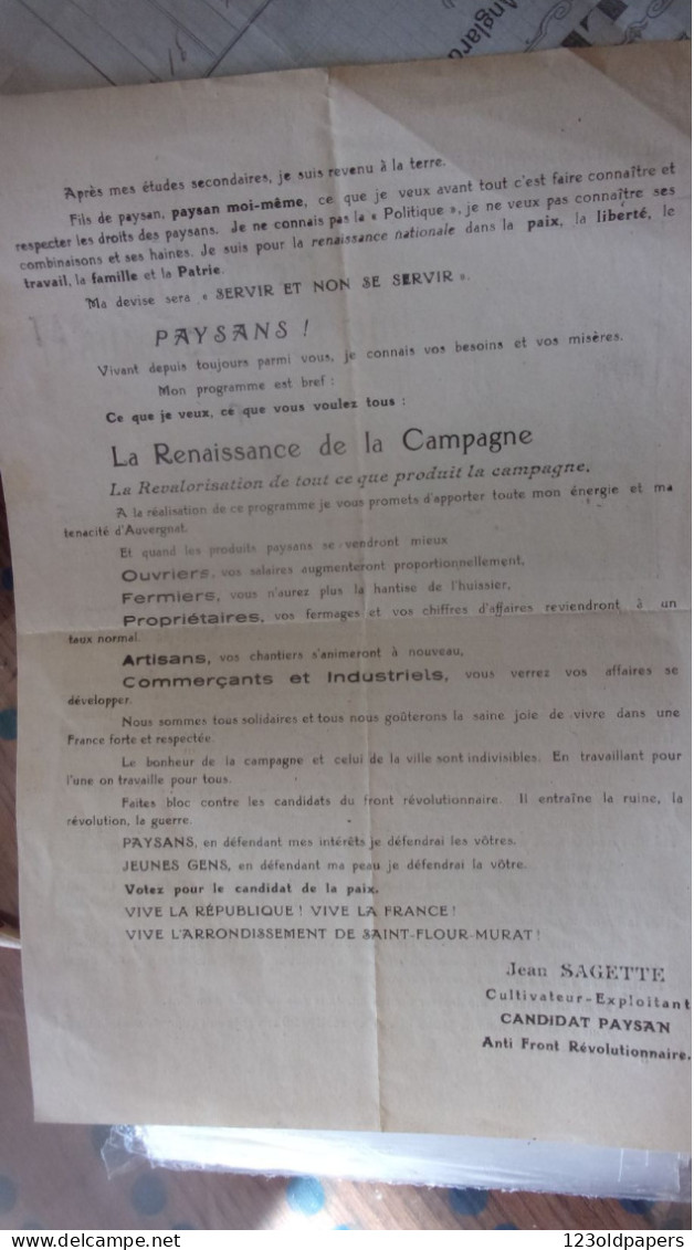 1936 SAINT FLOUR MURAT PROFESSION DE FOI POLITIQUE DE JEAN SAGETTE 29 ANSCANDIDAT PAYSAN ANTI FRONT REVOLUTIONNAIRE - Auvergne