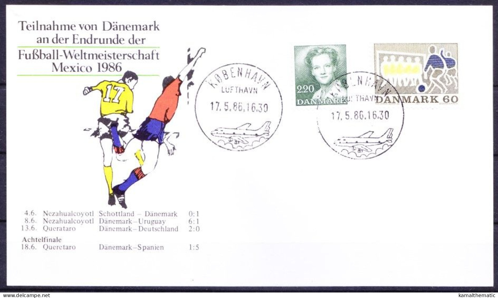 Denmark 1986 Card, Copenhagen Airport First Flight Soccer Football Cancellation - Brieven En Documenten