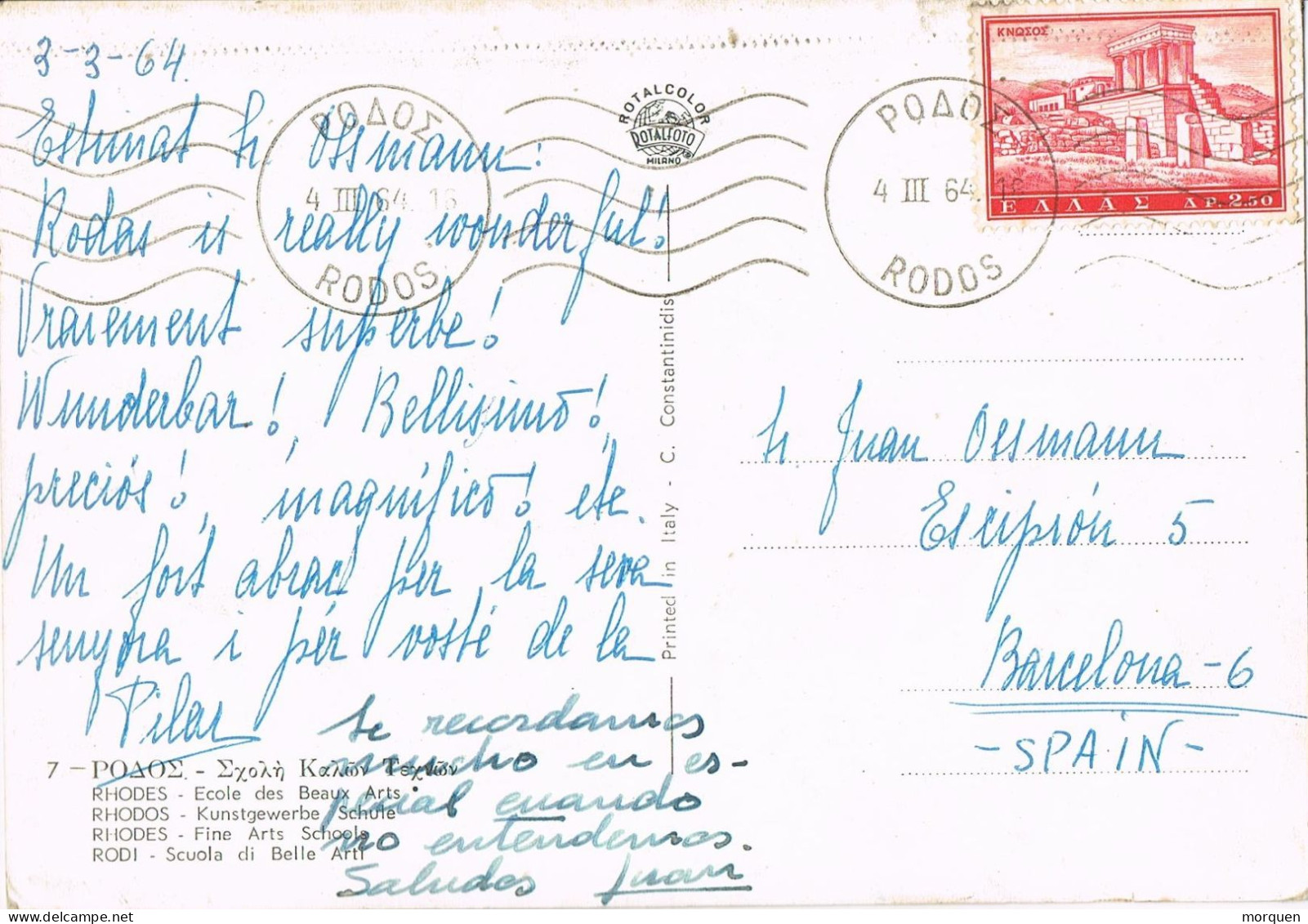 54300. Postal Aerea RODAS (Grecia) 1964. Vista Escuela Bellas Artes De Rodas - Lettres & Documents