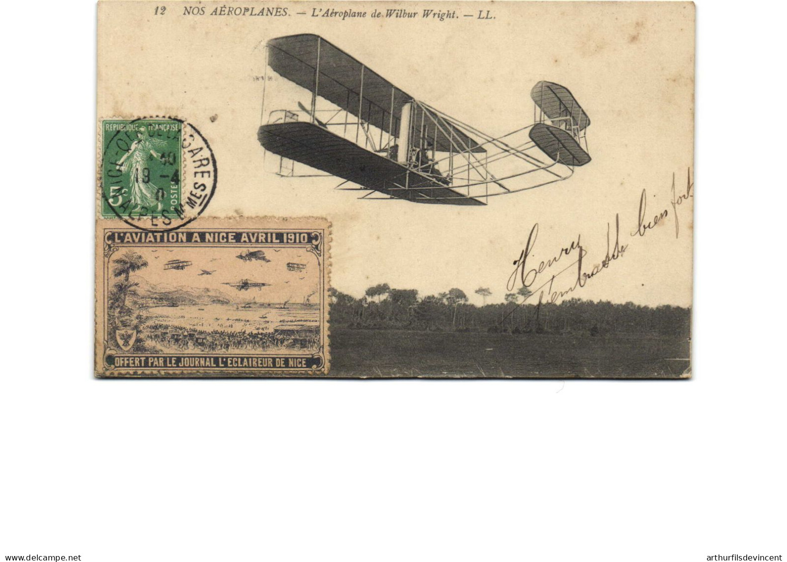 NICE--- AEROPLANE DE WILBUR WRIGHT AUTOGRAPHE EN 1910 - Transport Aérien - Aéroport