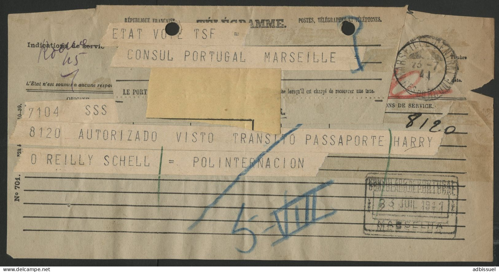 1941 TÉLÉGRAMME ACCORDANT à HARRY O'REILLY SCHELL PILOTE AUTOMOBILE, Un Visa Portugais Via MARSEILLE. LIRE SUITE - Documents Historiques