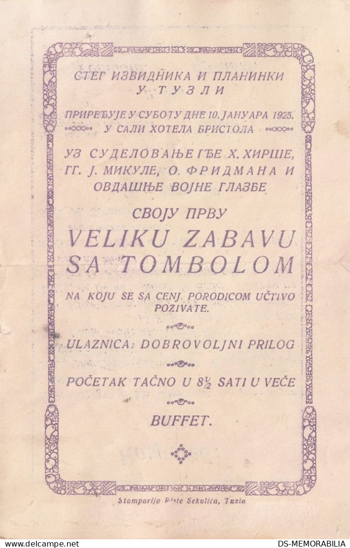 Tuzla - Zabava Sa Tombolom U Hotelu Bristol 1925 - Bosnie-Herzegovine