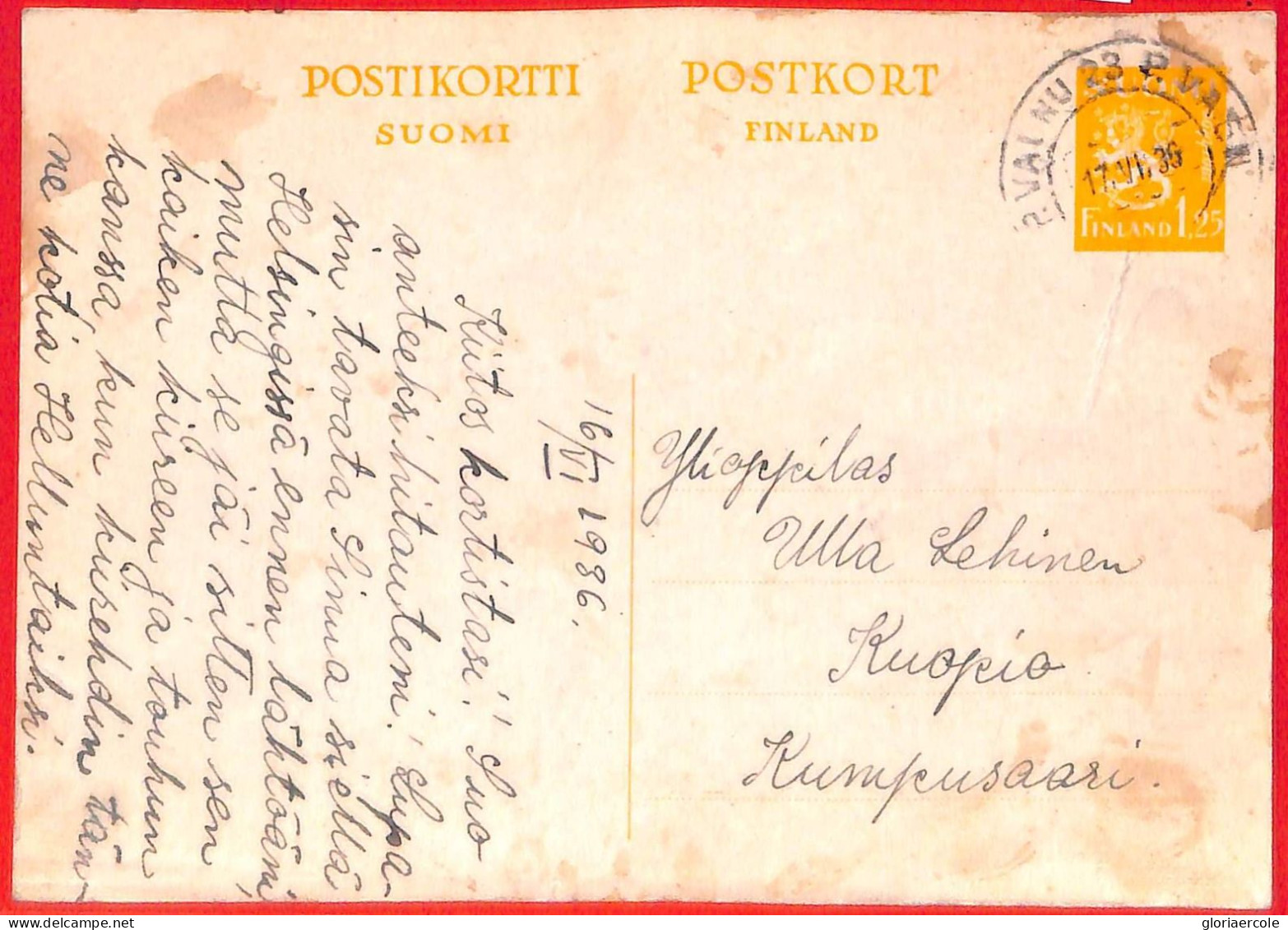 Aa0680 - FINLAND - POSTAL HISTORY - POSTAL STATIONERY Card TRAIN AMBULANT 1936 - Ganzsachen