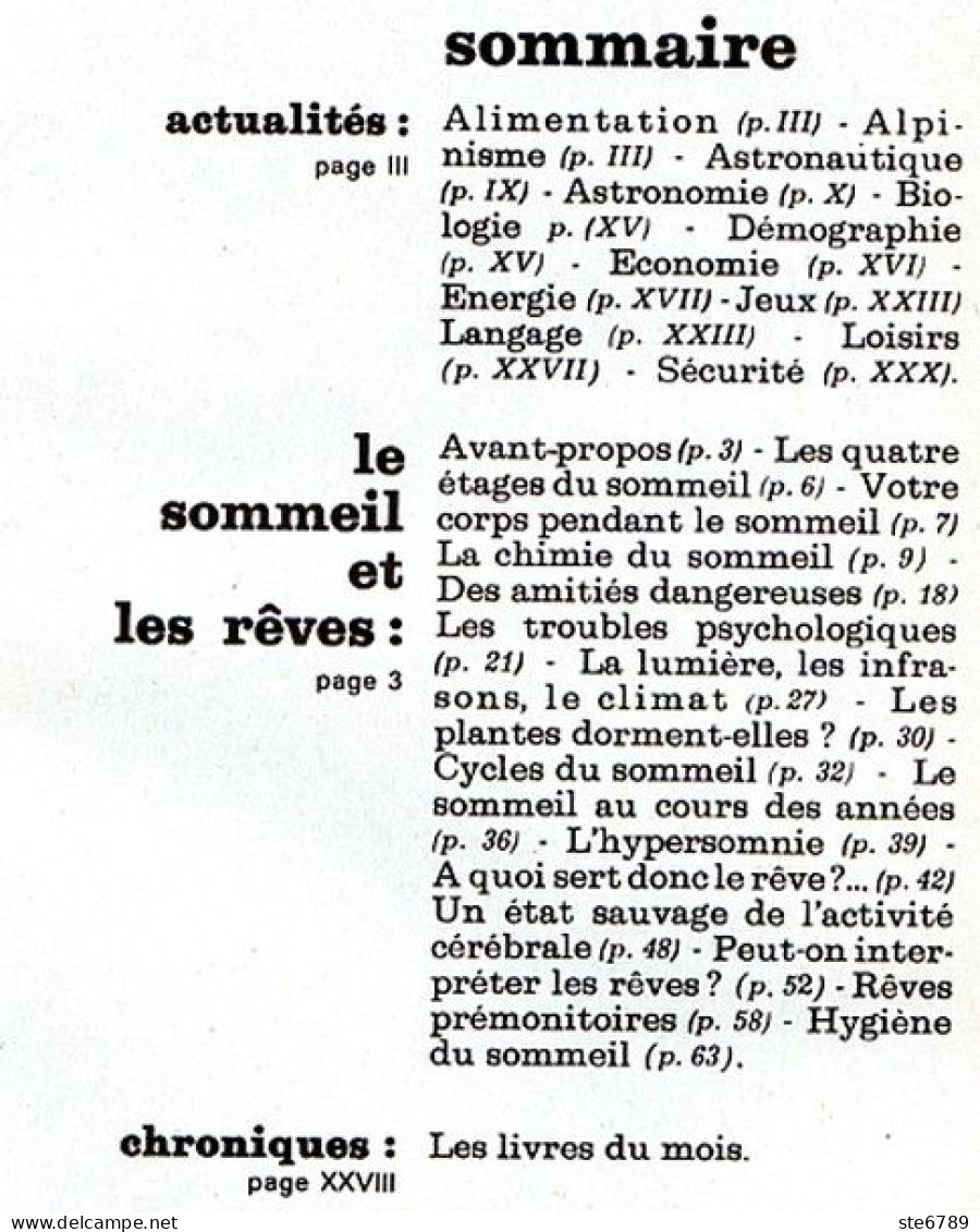 Revue SCIENCES DU MONDE  Le Sommeil Et Les Reves   N° 117  1973 - Science