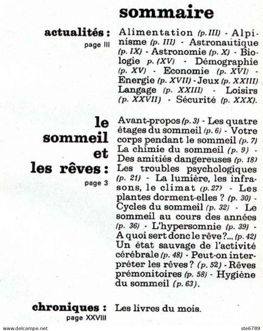 Revue SCIENCES DU MONDE  Le Sommeil Et Les Reves   N° 117  1973 - Ciencia