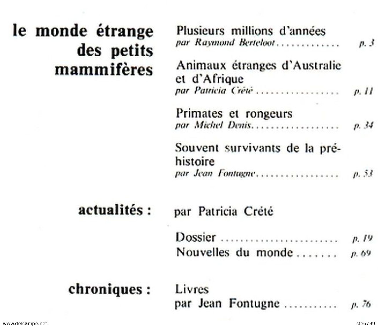 Revue SCIENCES DU MONDE  Le Monde étrange Des Petits Mammifères Animaux N° 142 1975 - Animals