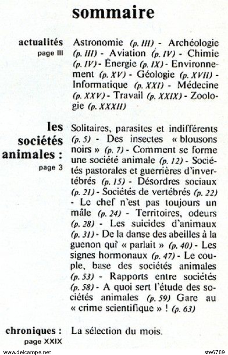 Revue SCIENCES DU MONDE Les Sociétés Animales Animaux N° 129 1974 - Animaux