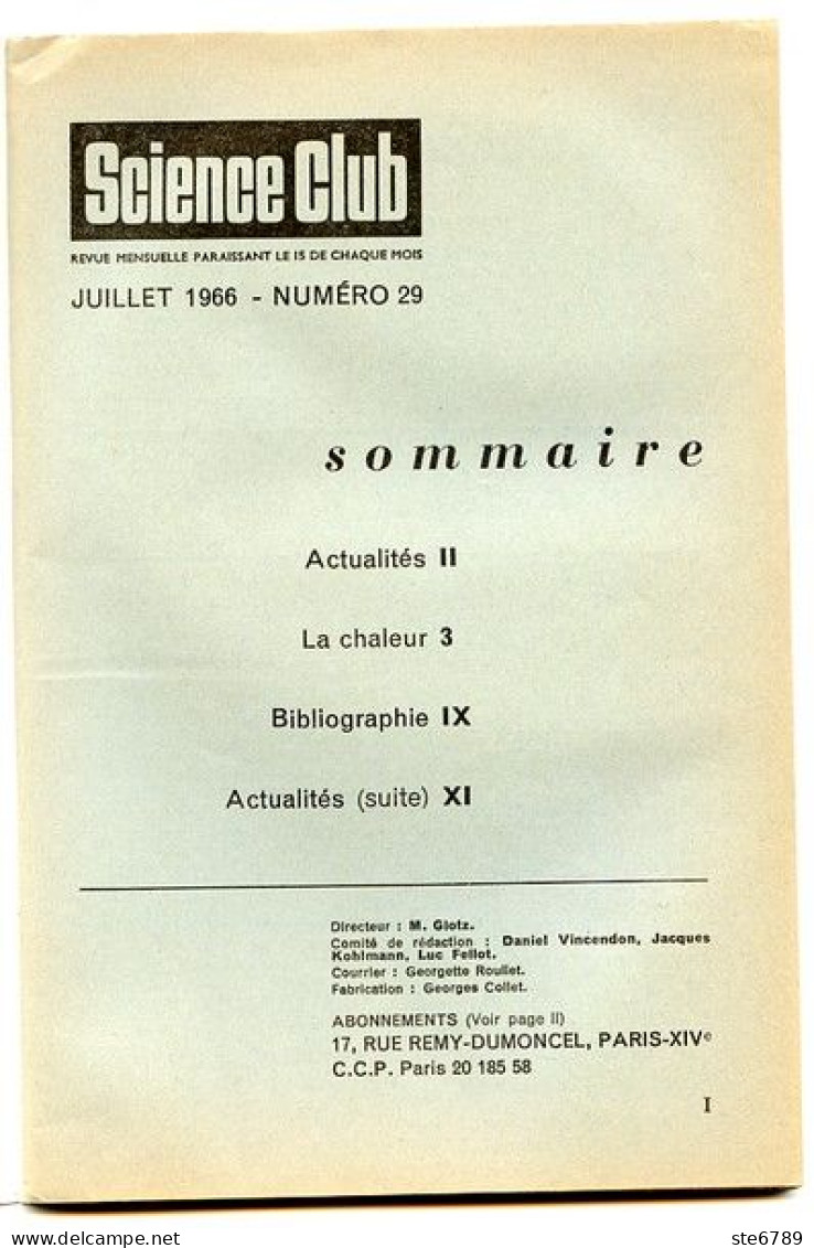 Revue SCIENCE CLUB 1966 N° 29 La Chaleur - Science